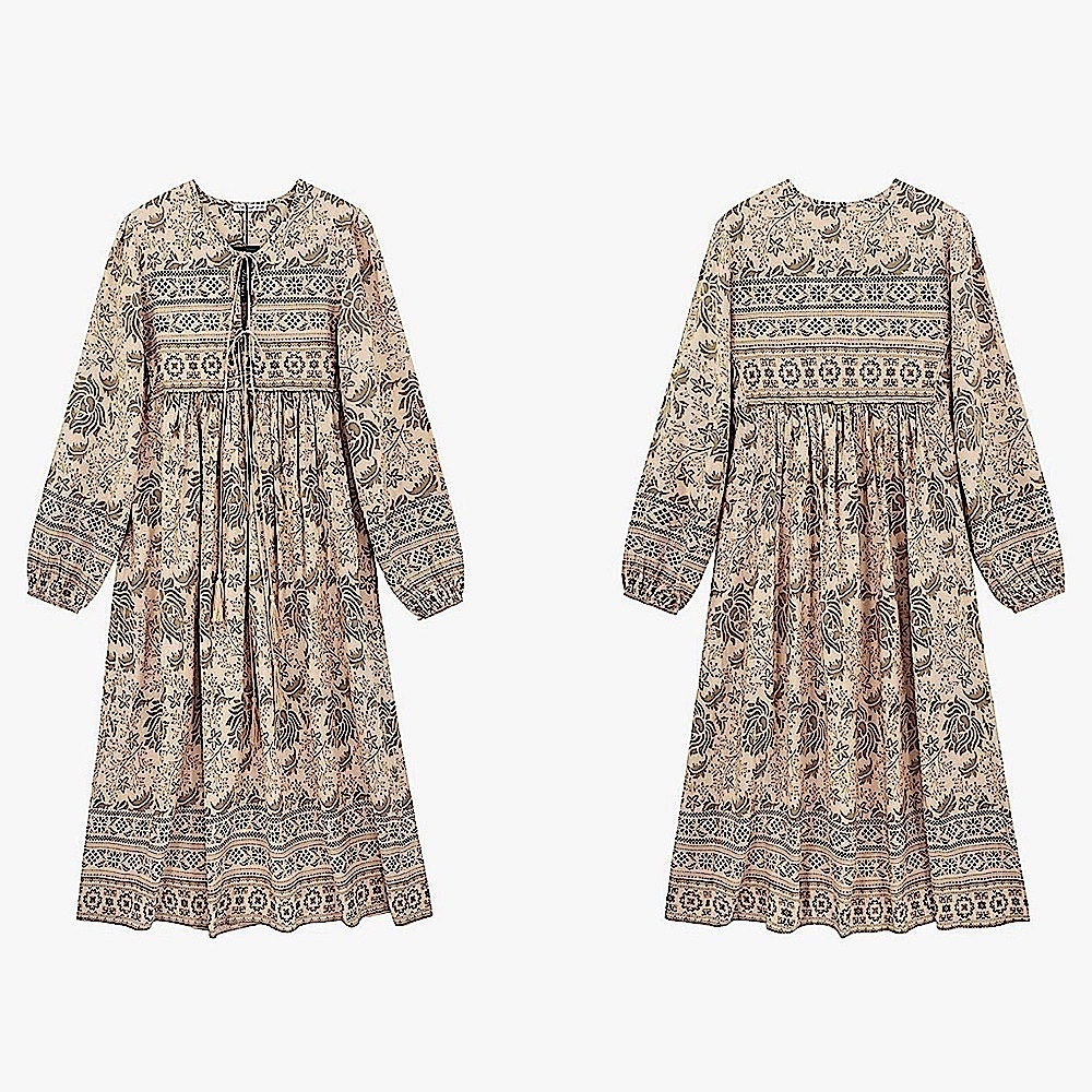 R.Vivimos Long Sleeve Floral Print Retro V Neck Tassel Bohemian Midi Dress Sz XL - Picture 2 of 10